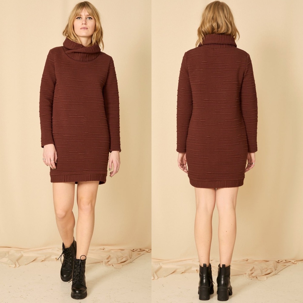 Cokluch Canada Brown Ribbed Turtleneck Sweater Dress Womens Sz Medium Boho Cowl - Picture 2 of 16